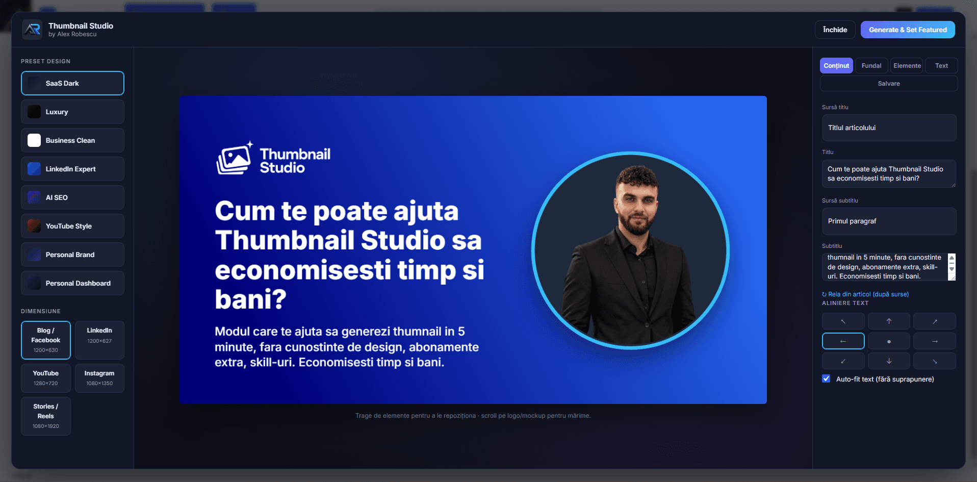 Interfața Thumbnail Studio — studio de coperți în WordPress